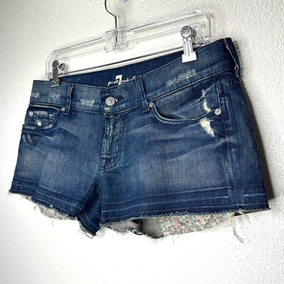 7 For All Mankind Dark Blue Distressed Low Rise Raw Hem Jean Shorts 29 - Picture 2 of 14
